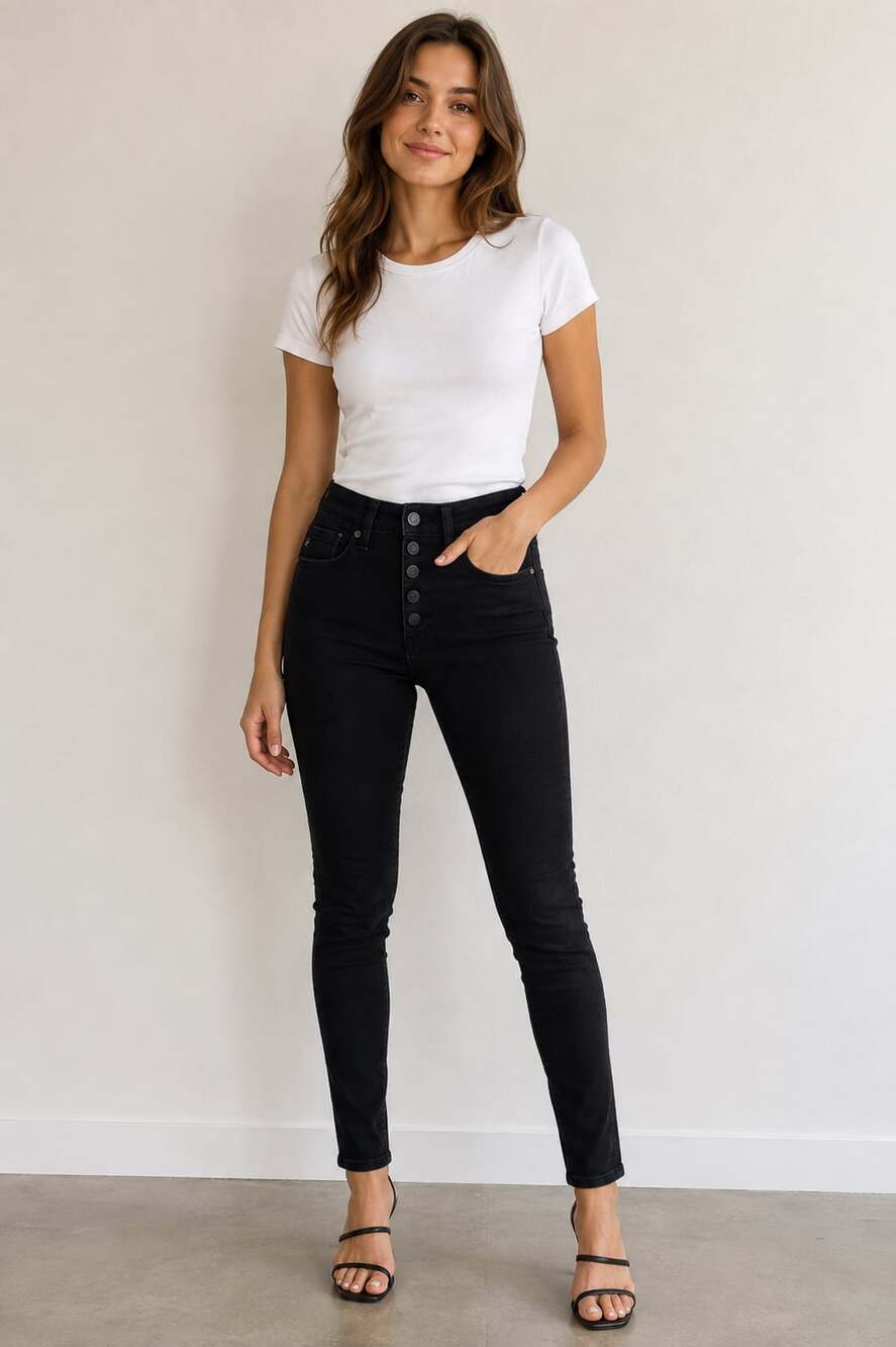 KanCan Size 5 High Rise Black Skinny Jeans With Exposed Button Fly